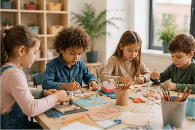 Niños realizando una actividad educativa y creativa en grupo