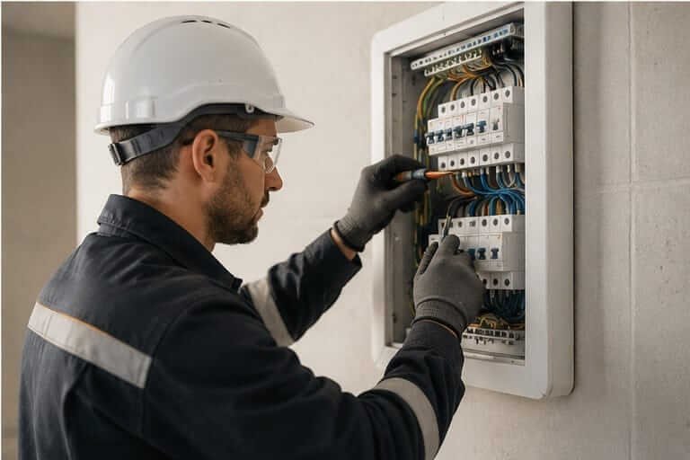 Electricista profesional revisando un cuadro eléctrico