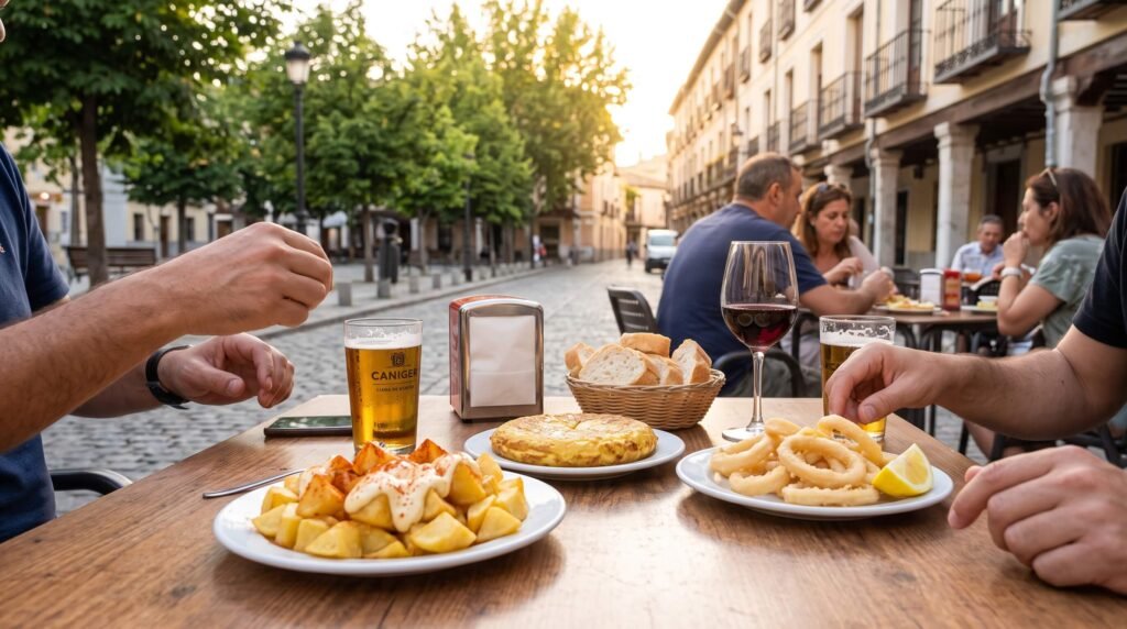Mesa con raciones típicas y tapas para comer bien y barato en una terraza de Aranjuez
